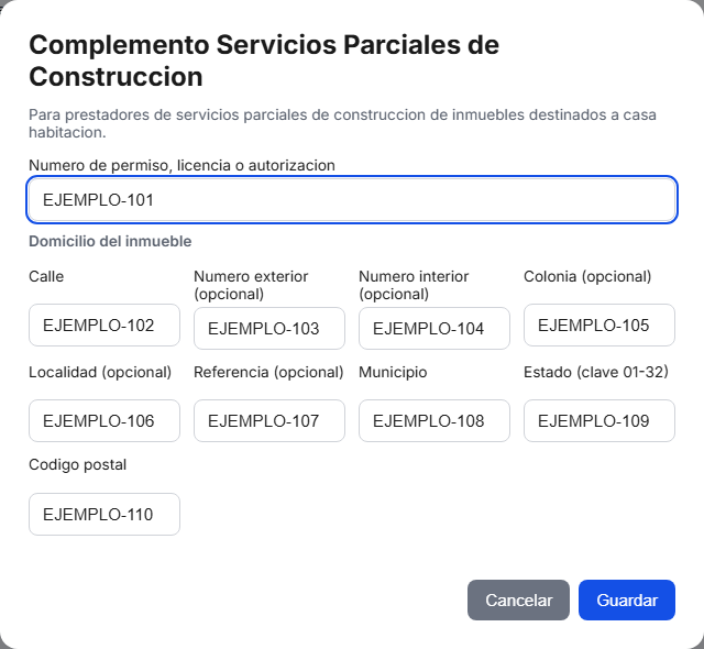 Formulario del complemento de Servicios Parciales de Construcción en TimbraMX con datos de ejemplo