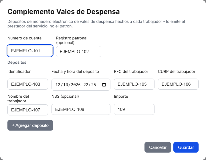 Formulario del complemento de Vales de Despensa en TimbraMX con datos de ejemplo