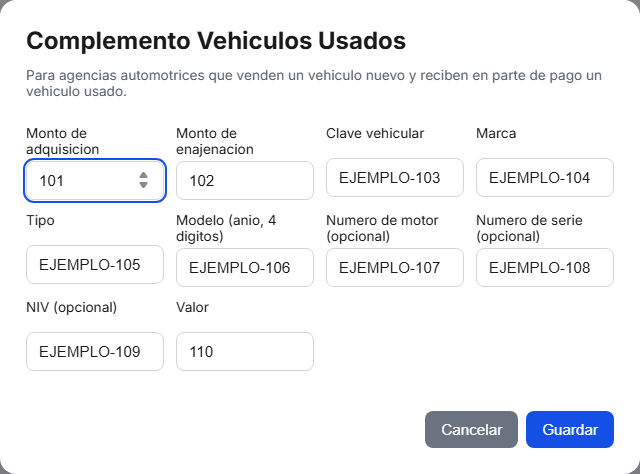 Formulario del complemento de Vehículo Usado en TimbraMX con datos de ejemplo