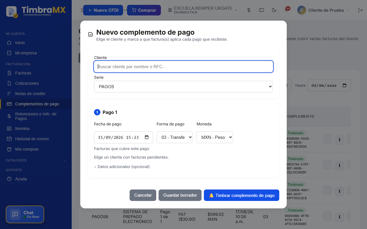 Formulario vacío para registrar un complemento de pago de facturación electrónica en TimbraMX