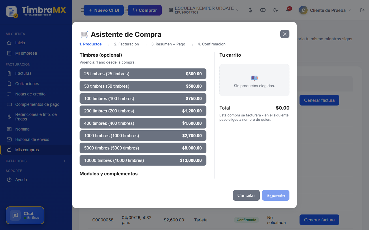Asistente de compra de timbres de facturación electrónica en TimbraMX, paso 1 de productos