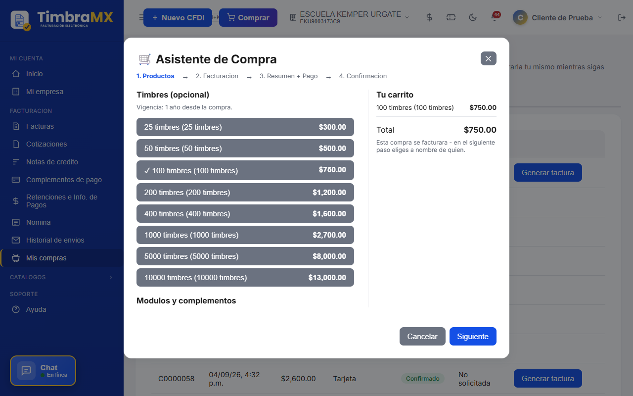 Carrito del asistente de compra de timbres de facturación electrónica en TimbraMX con un paquete elegido