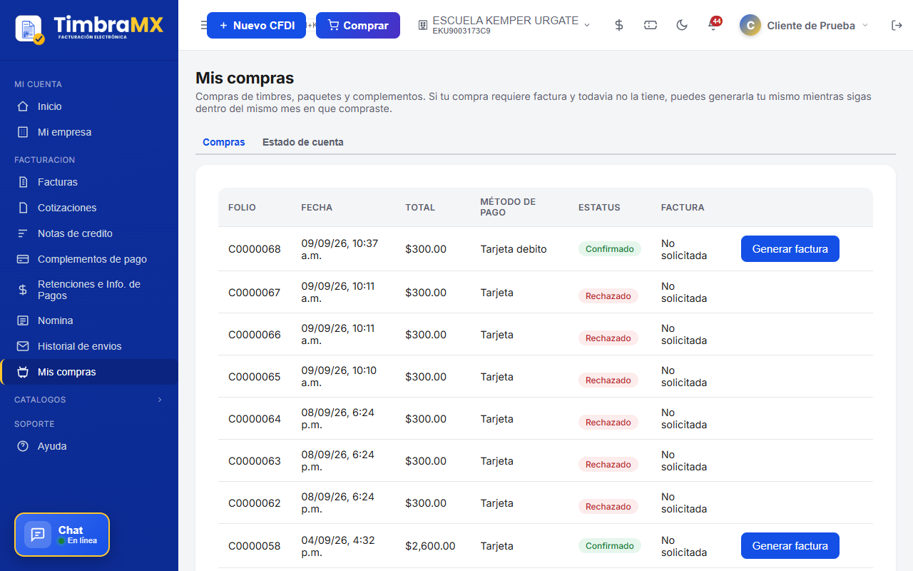 Historial de compras de timbres de facturación electrónica en TimbraMX