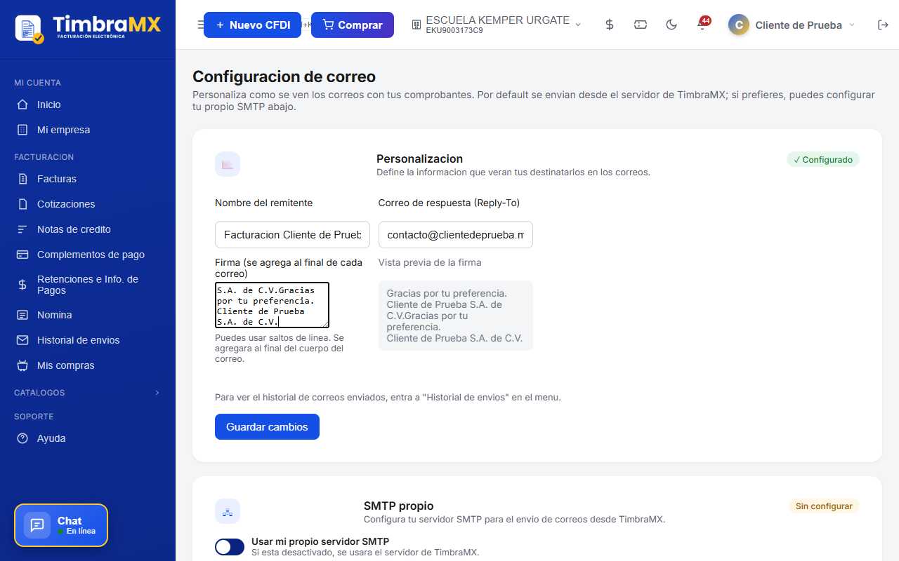 Personalización del correo de facturación electrónica en TimbraMX con firma y remitente