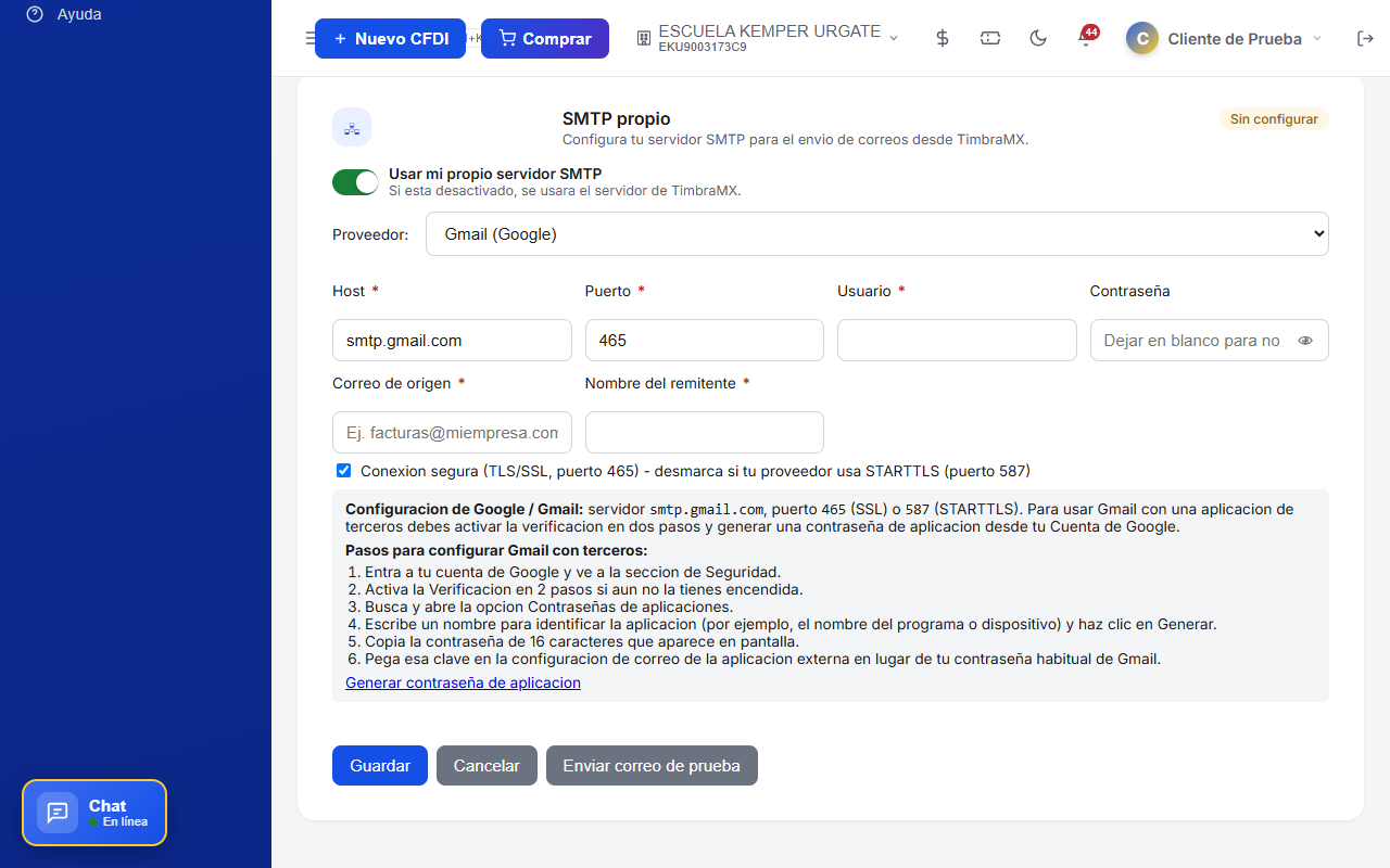 Configuración de SMTP propio con Gmail para facturación electrónica en TimbraMX