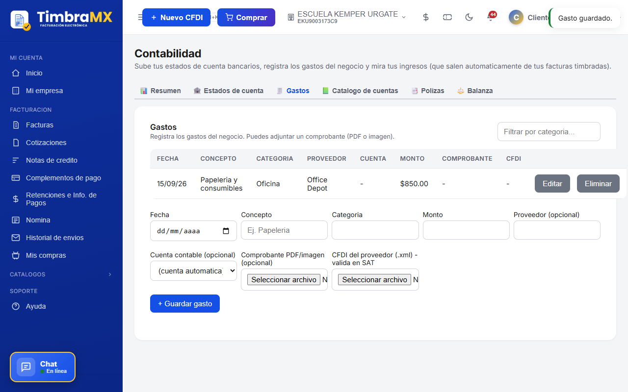 Tabla de gastos de contabilidad de facturación electrónica en TimbraMX después de guardar un gasto