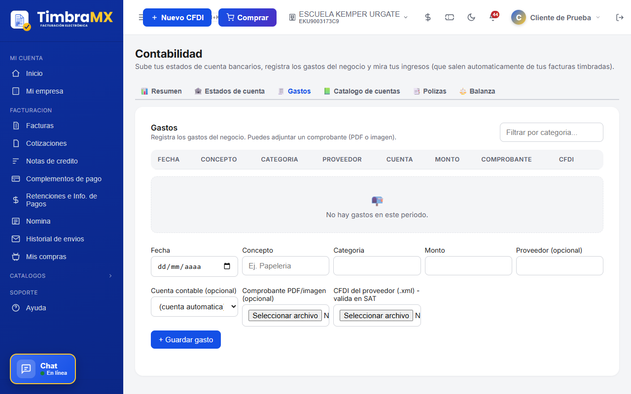 Formulario vacío de gastos de contabilidad de facturación electrónica en TimbraMX