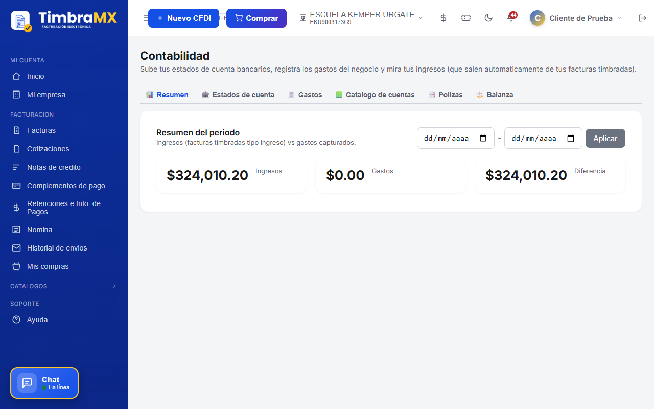 Resumen de ingresos y gastos de contabilidad de facturación electrónica en TimbraMX