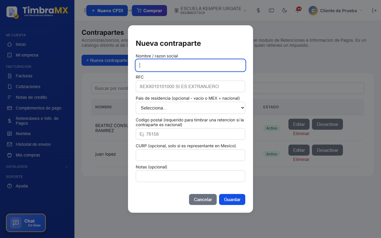 Formulario vacío para agregar una contraparte de retenciones de facturación electrónica en TimbraMX
