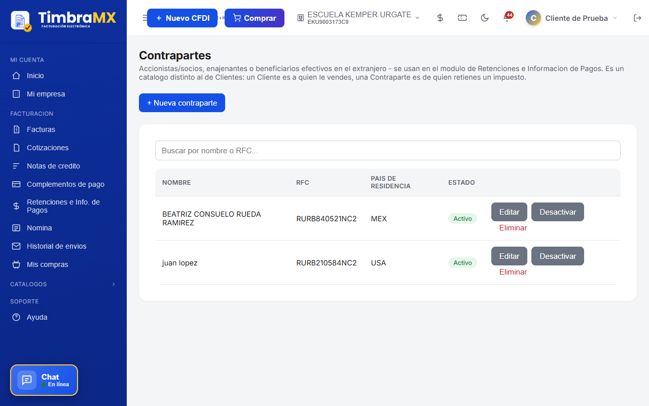 Catálogo de contrapartes para retenciones de facturación electrónica en TimbraMX