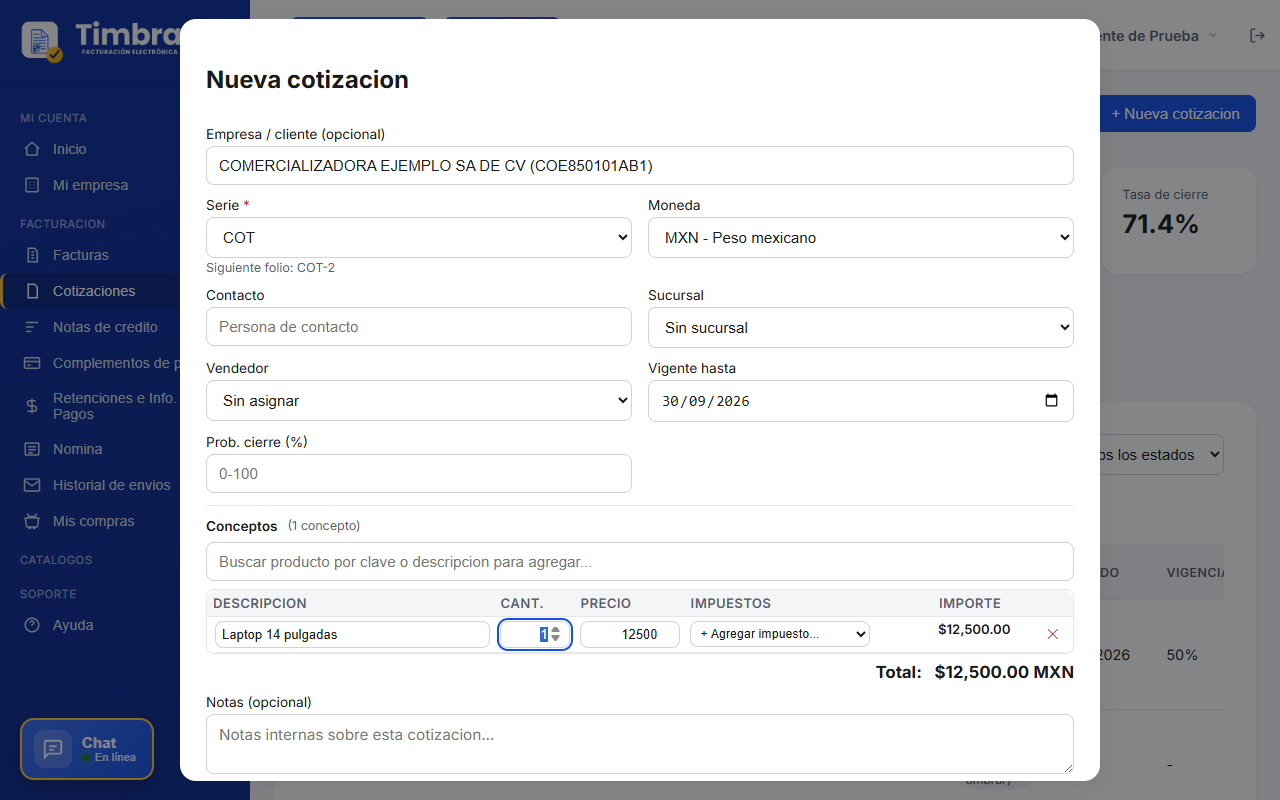 Formulario de cotización de facturación electrónica lleno con productos en TimbraMX