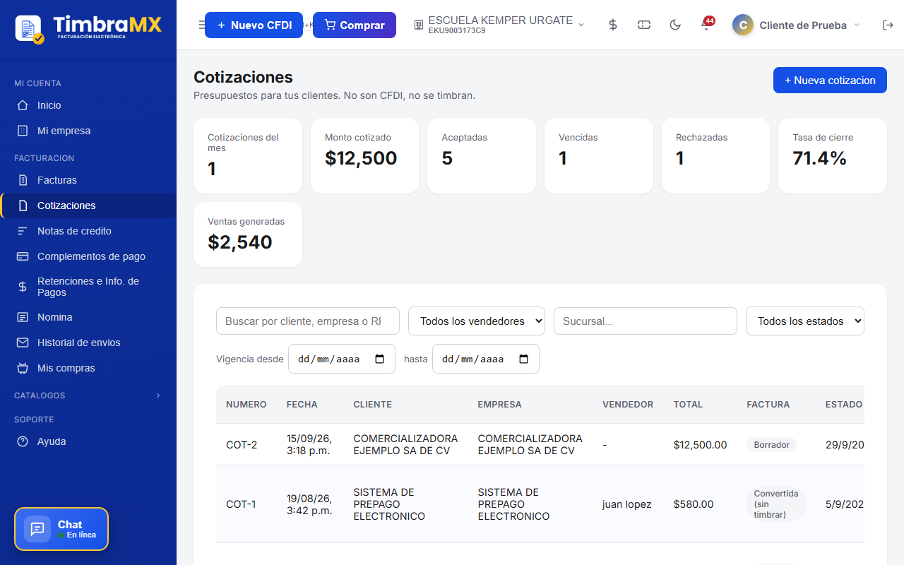 Listado de cotizaciones de facturación electrónica en TimbraMX después de crear una cotización