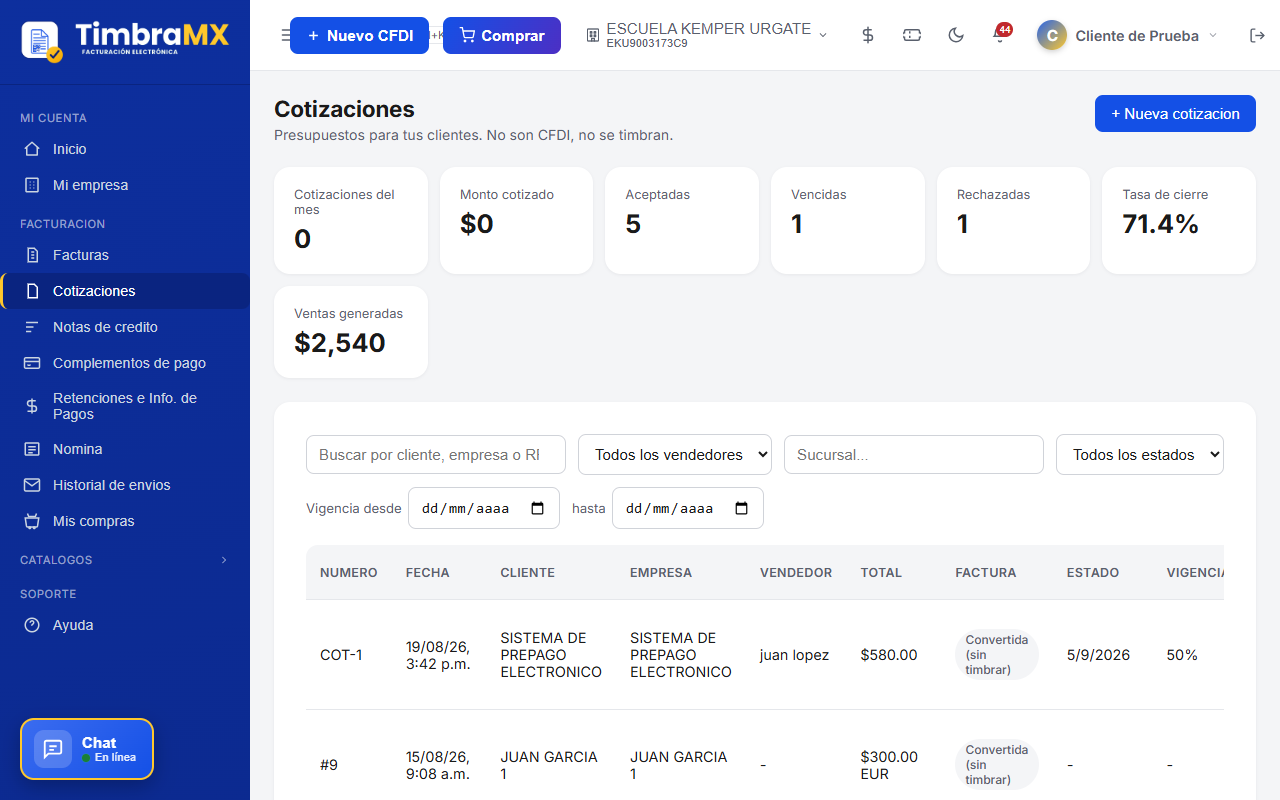Panel de cotizaciones de facturación electrónica en TimbraMX