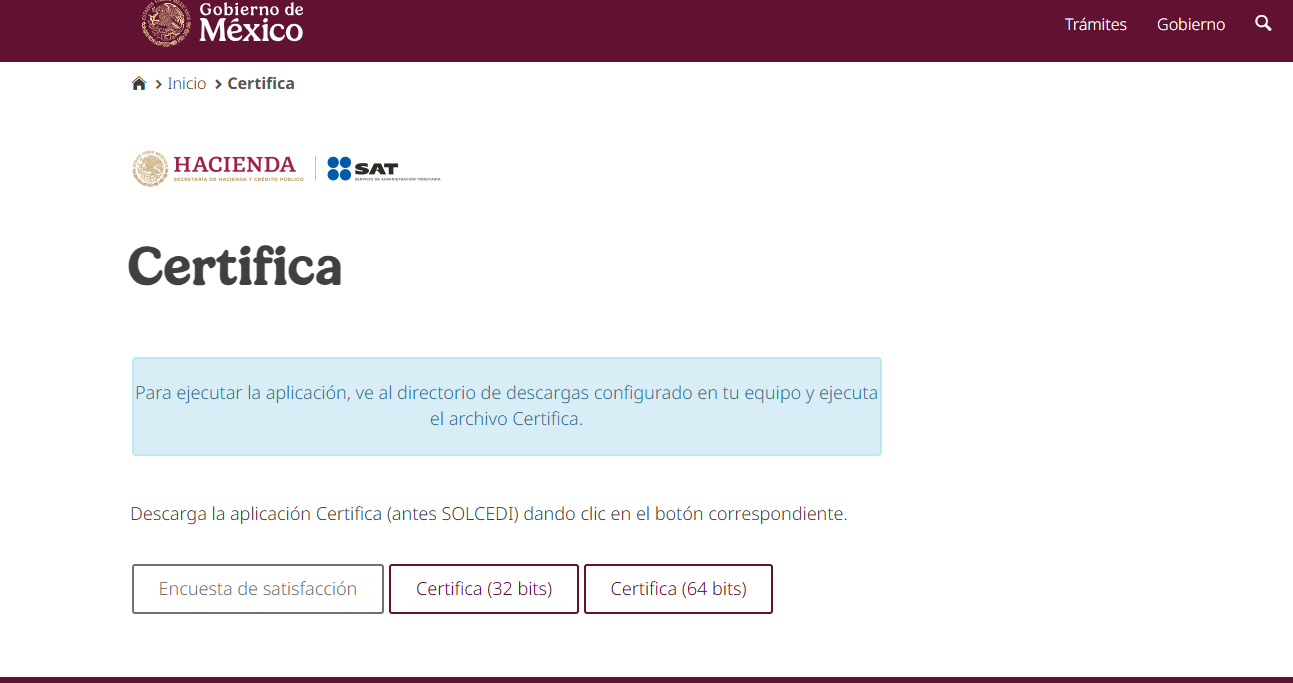 Página de descarga de la aplicación Certifica del SAT