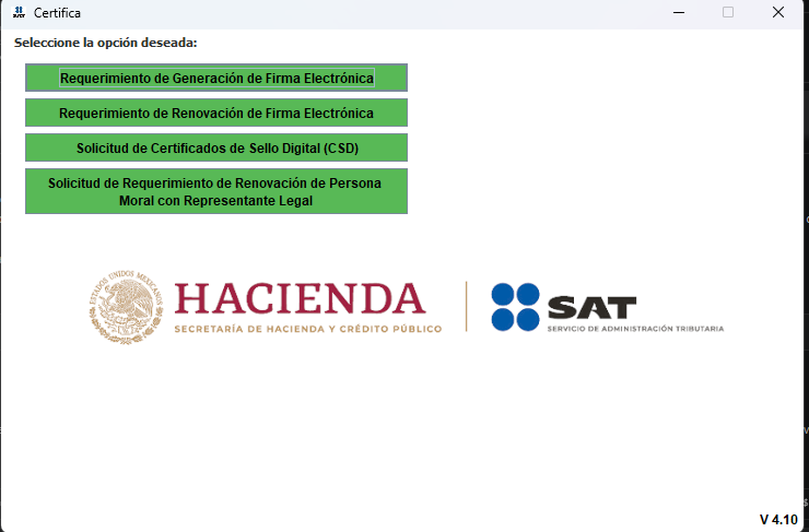 Menú inicial de Certifica