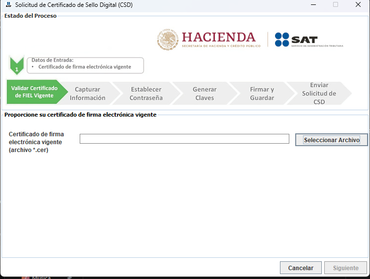Seleccionar el certificado .cer de la e.firma