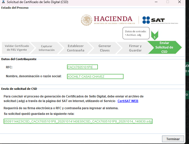 Pantalla final de Certifica con la ruta del archivo .sdg