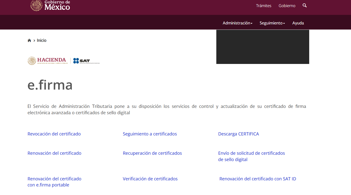 Menú de e.firma en CertiSAT Web
