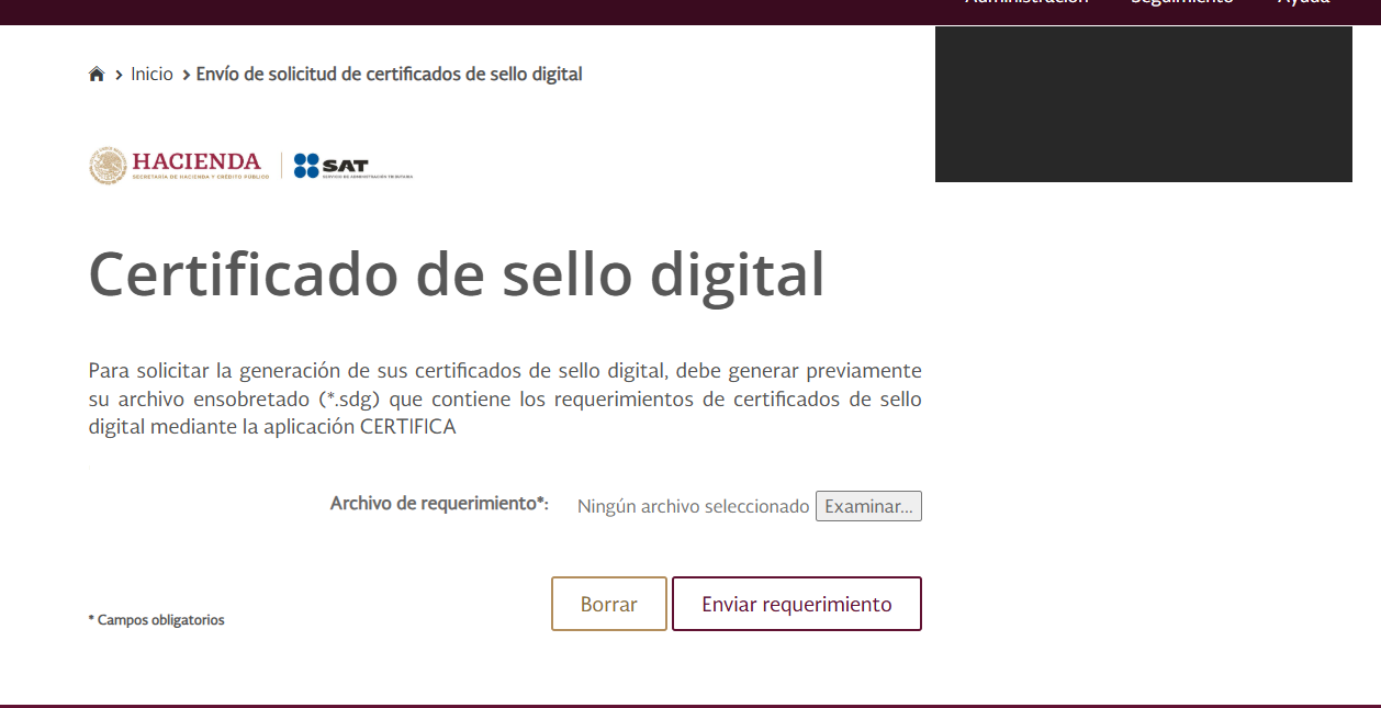 Pantalla para enviar el archivo de requerimiento .sdg