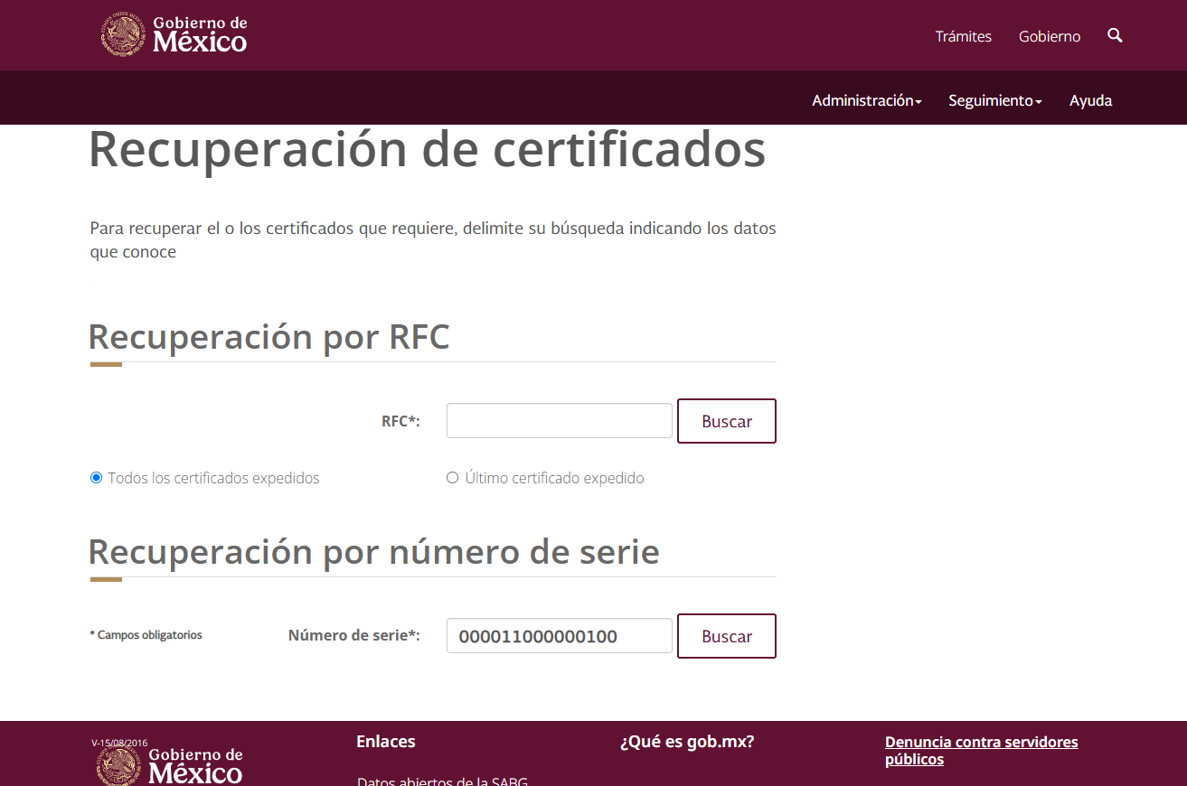 Pantalla Recuperación de certificados en CertiSAT Web