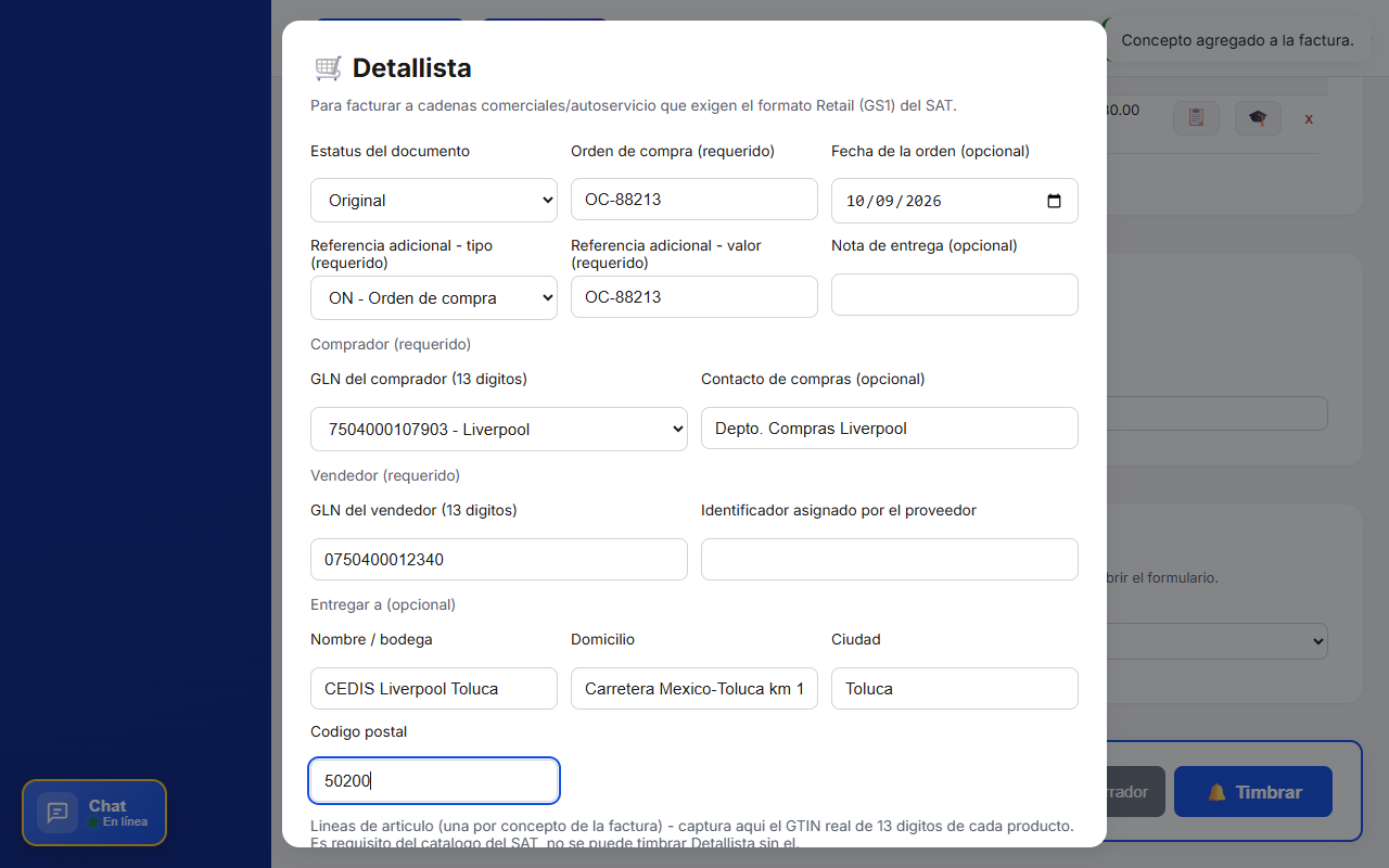 Formulario del Complemento Detallista en TimbraMX con GLN del comprador Liverpool, orden de compra y datos de entrega