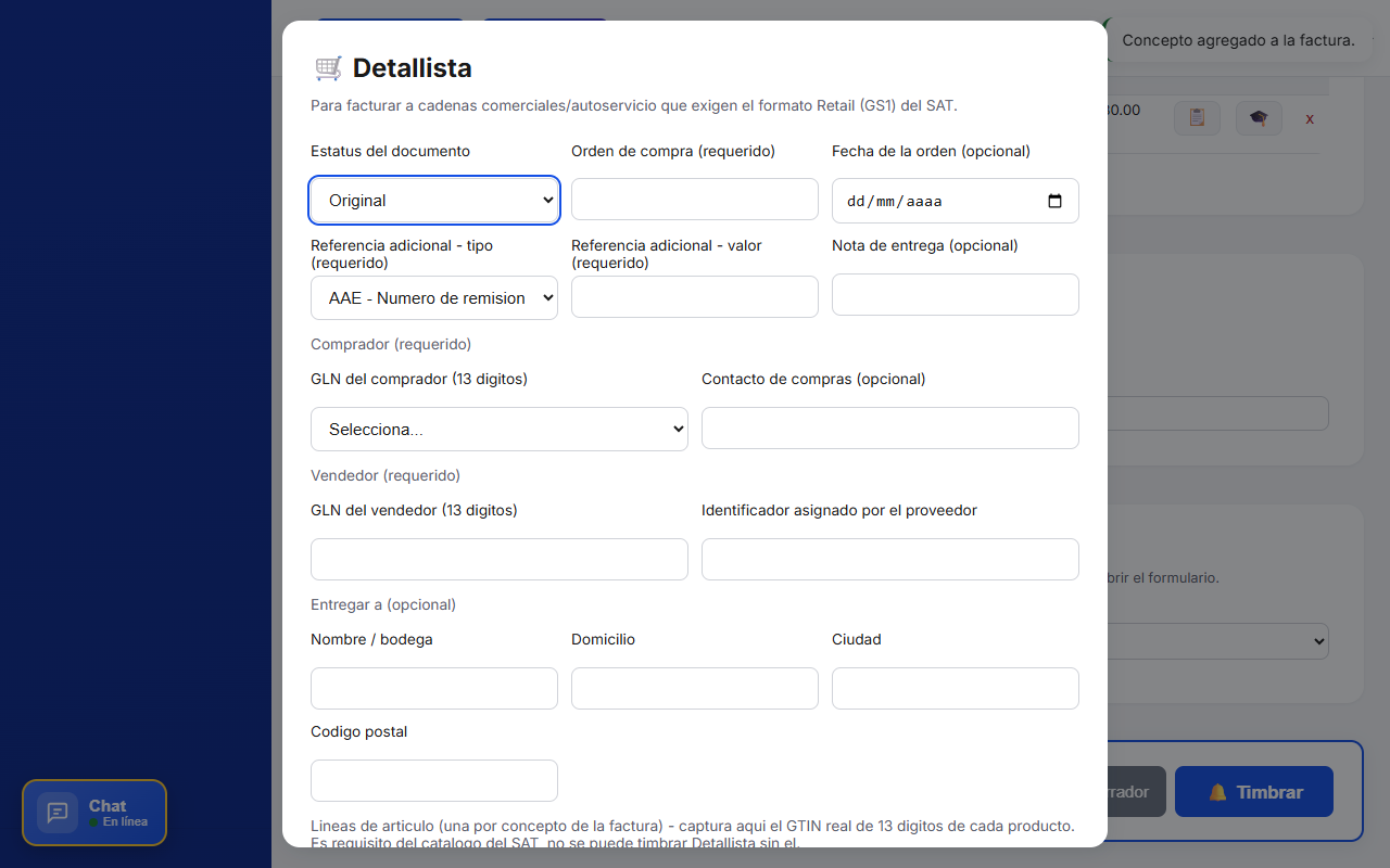 Formulario vacío del Complemento Detallista en TimbraMX