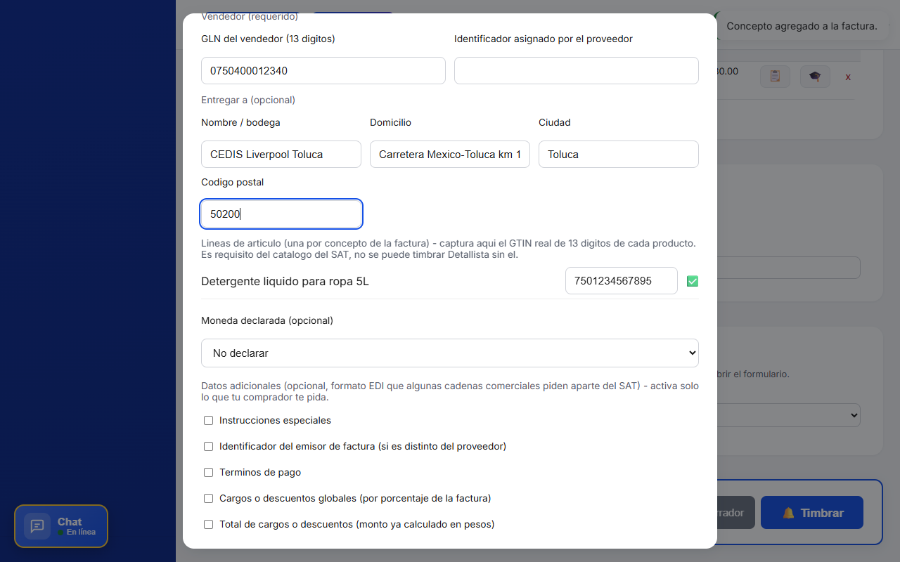 Tabla de líneas de artículo con GTIN validado en el Complemento Detallista de TimbraMX