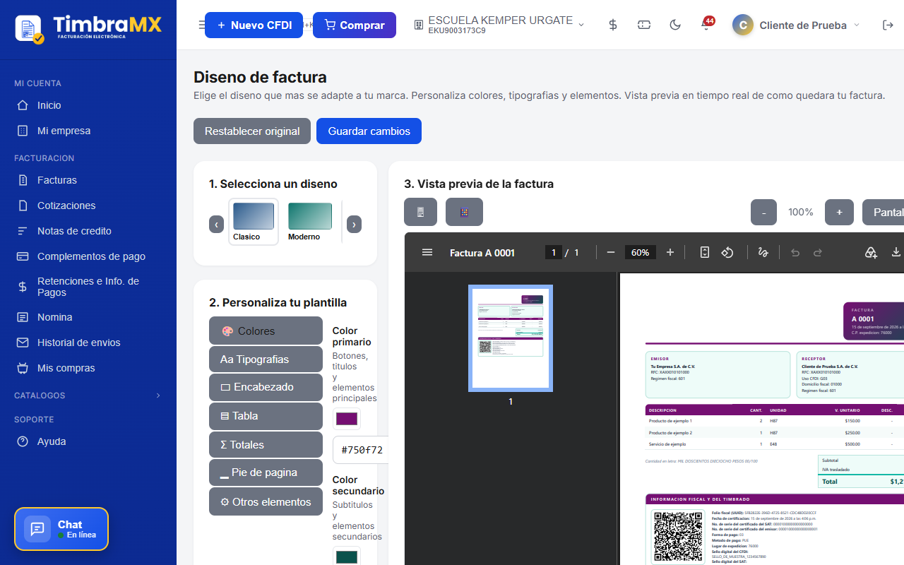 Editor de diseño de factura de facturación electrónica en TimbraMX con vista previa en vivo
