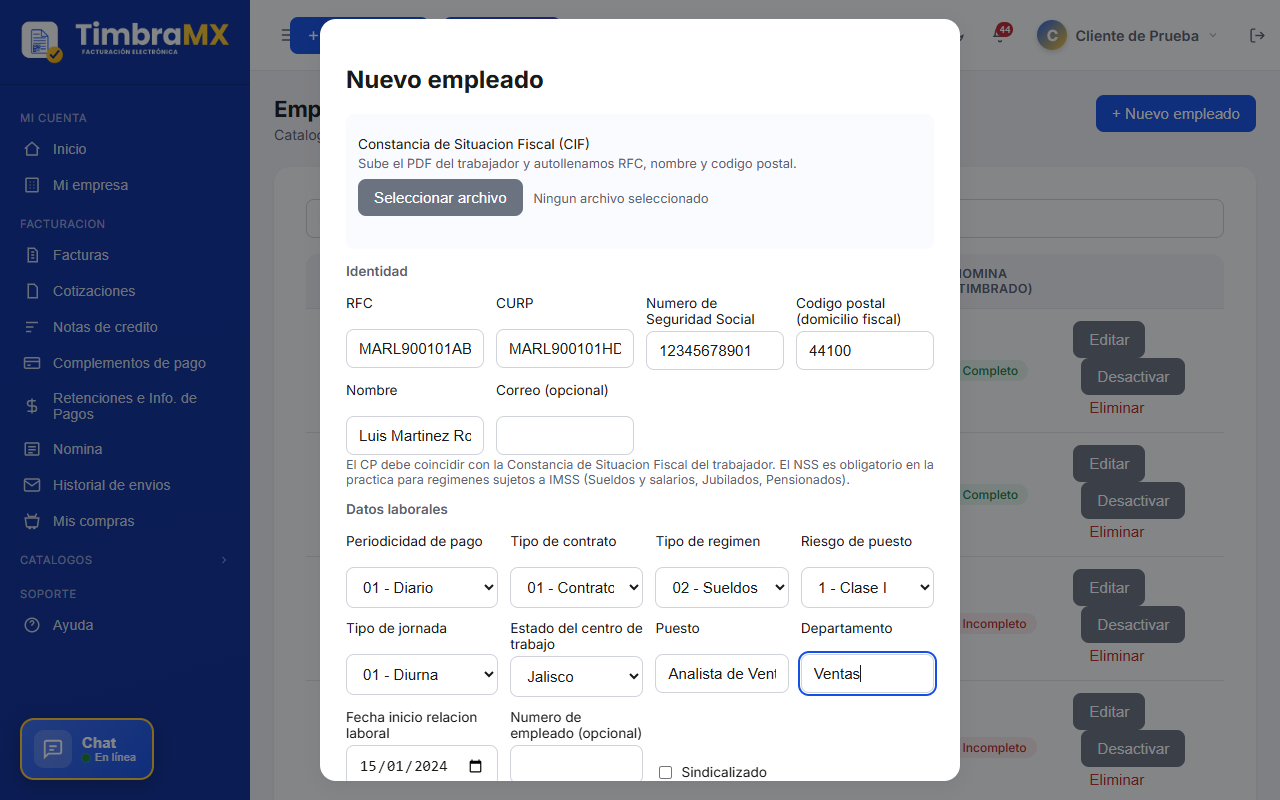 Formulario de empleado de nómina lleno con datos laborales en TimbraMX