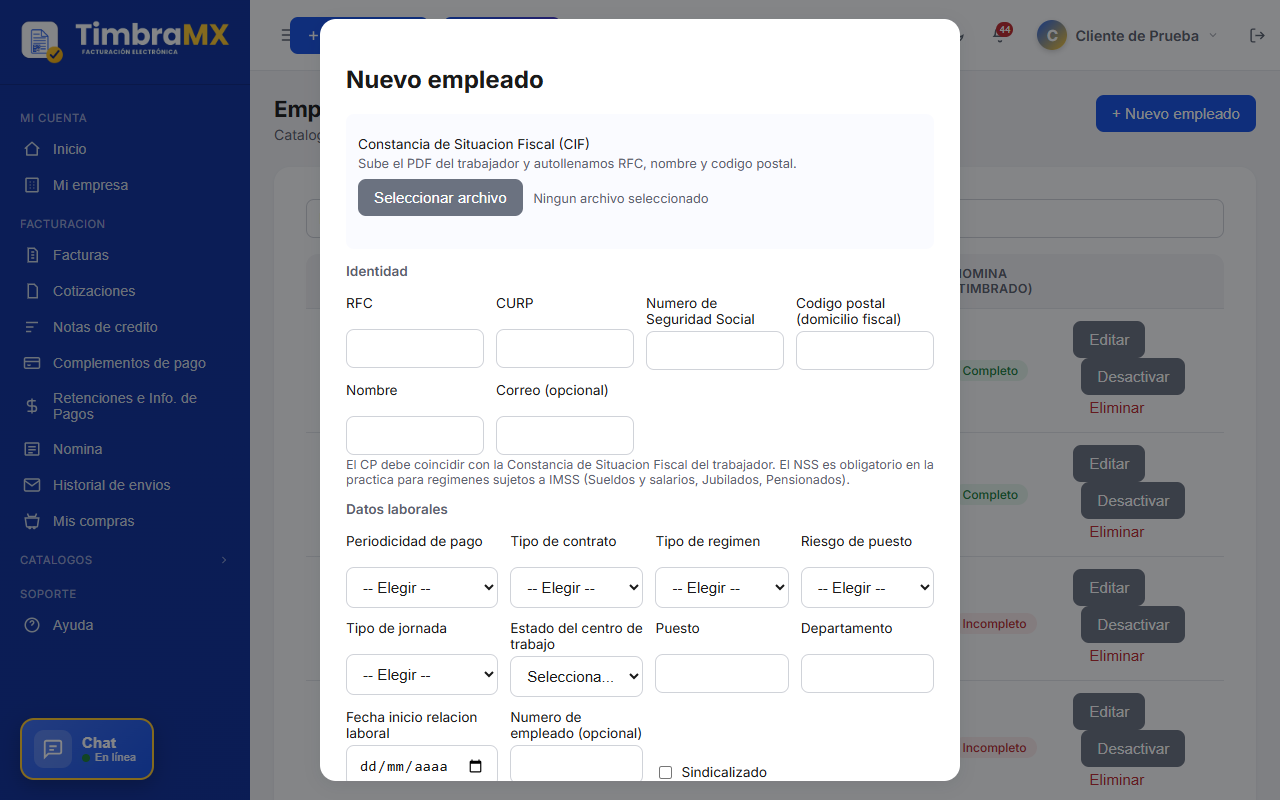 Formulario vacío para agregar un empleado de nómina en TimbraMX
