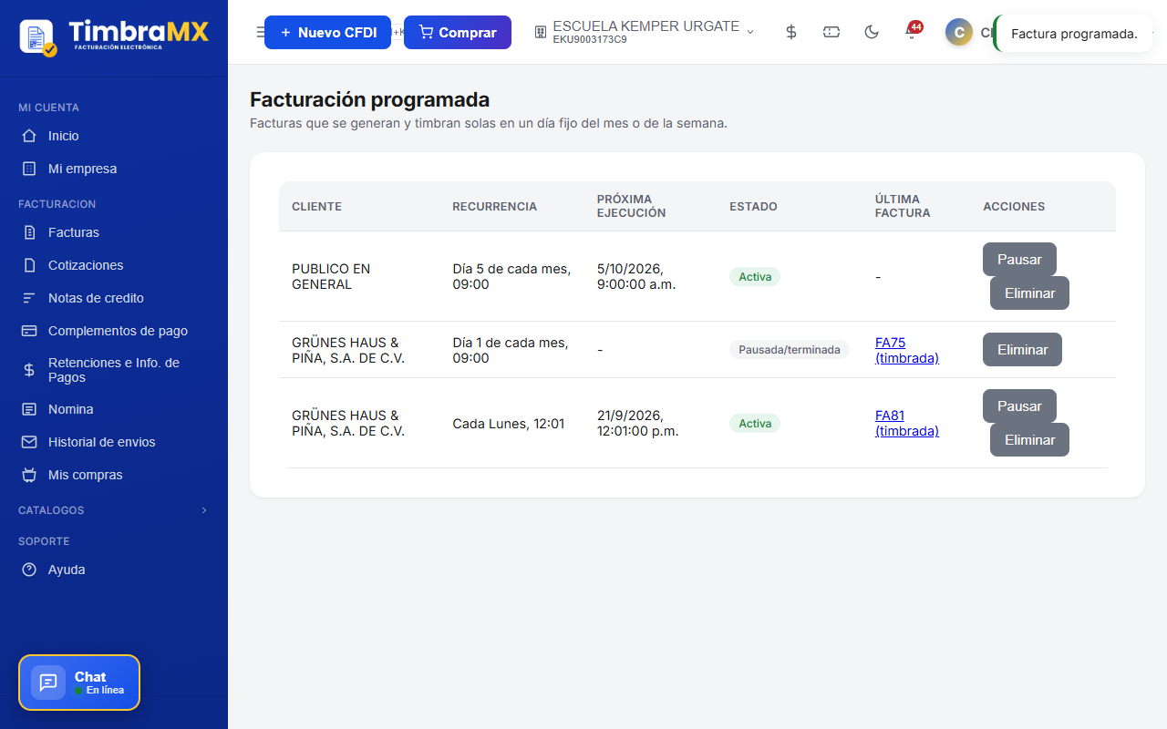 Listado de facturación programada de facturación electrónica en TimbraMX