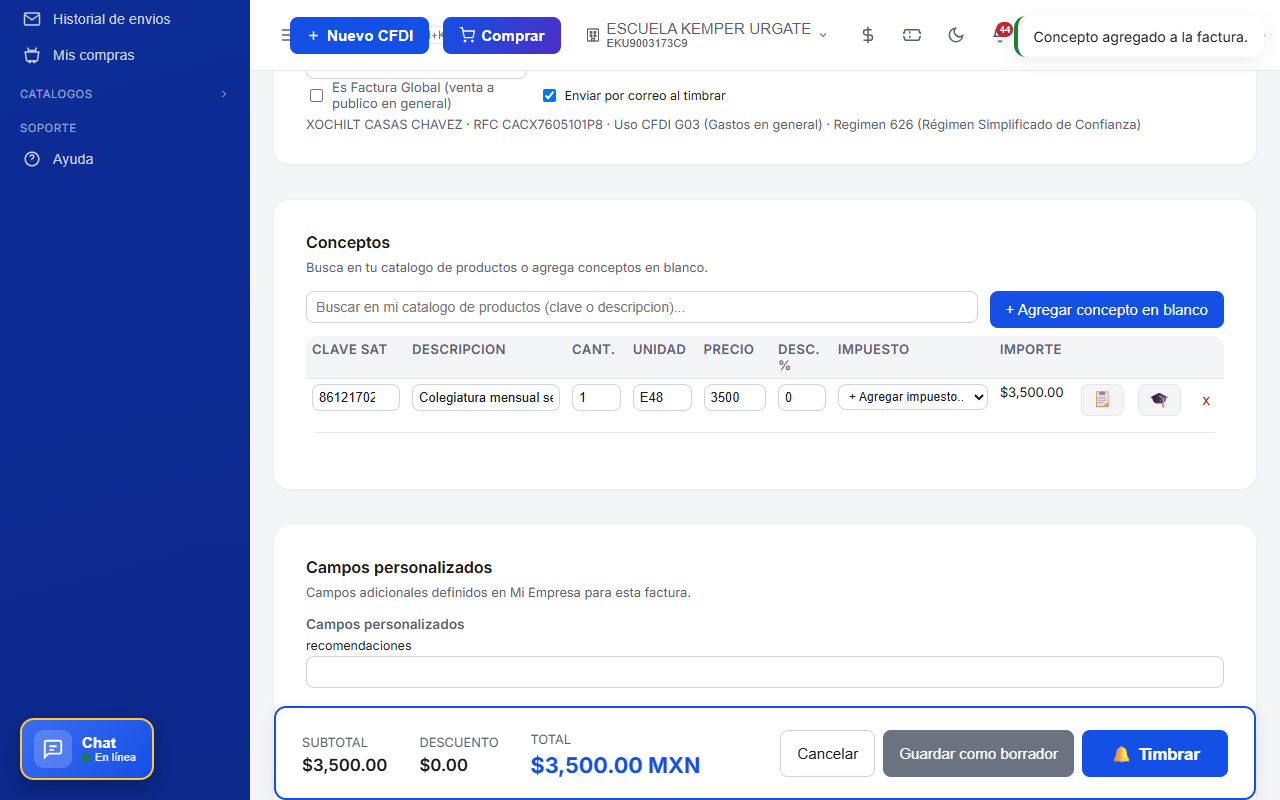 Botón de graduación para activar el Complemento IEDU en un concepto de la factura en TimbraMX