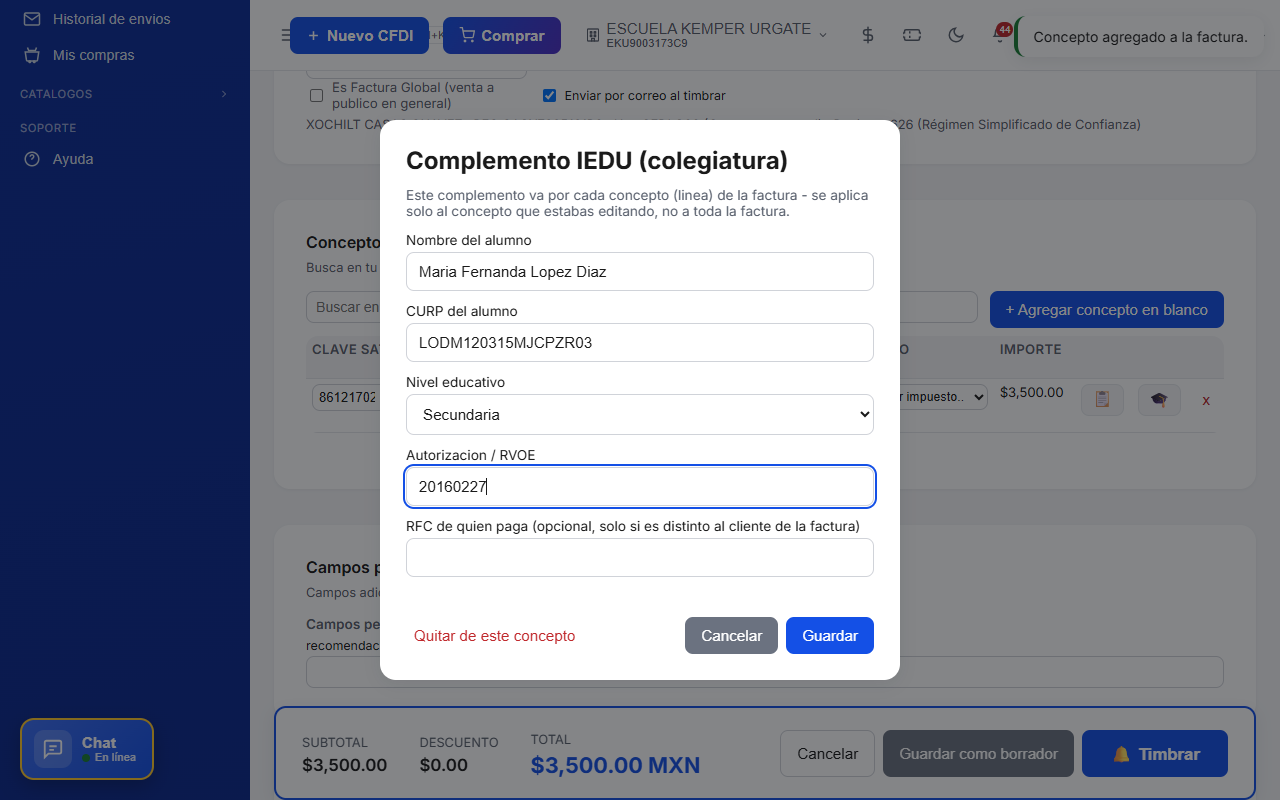 Formulario del Complemento IEDU lleno con CURP del alumno, nivel educativo y RVOE en TimbraMX