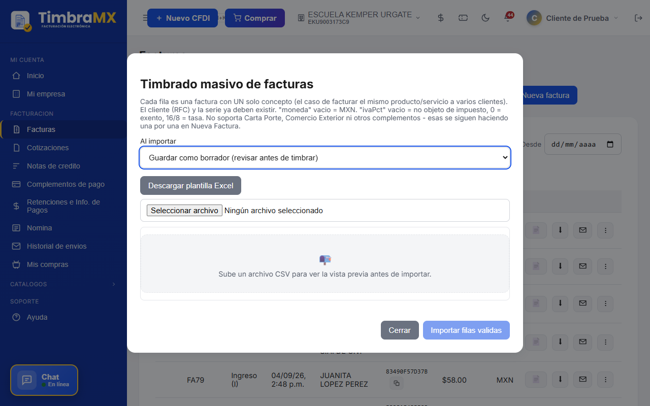 Formulario de timbrado masivo de facturas de facturación electrónica en TimbraMX