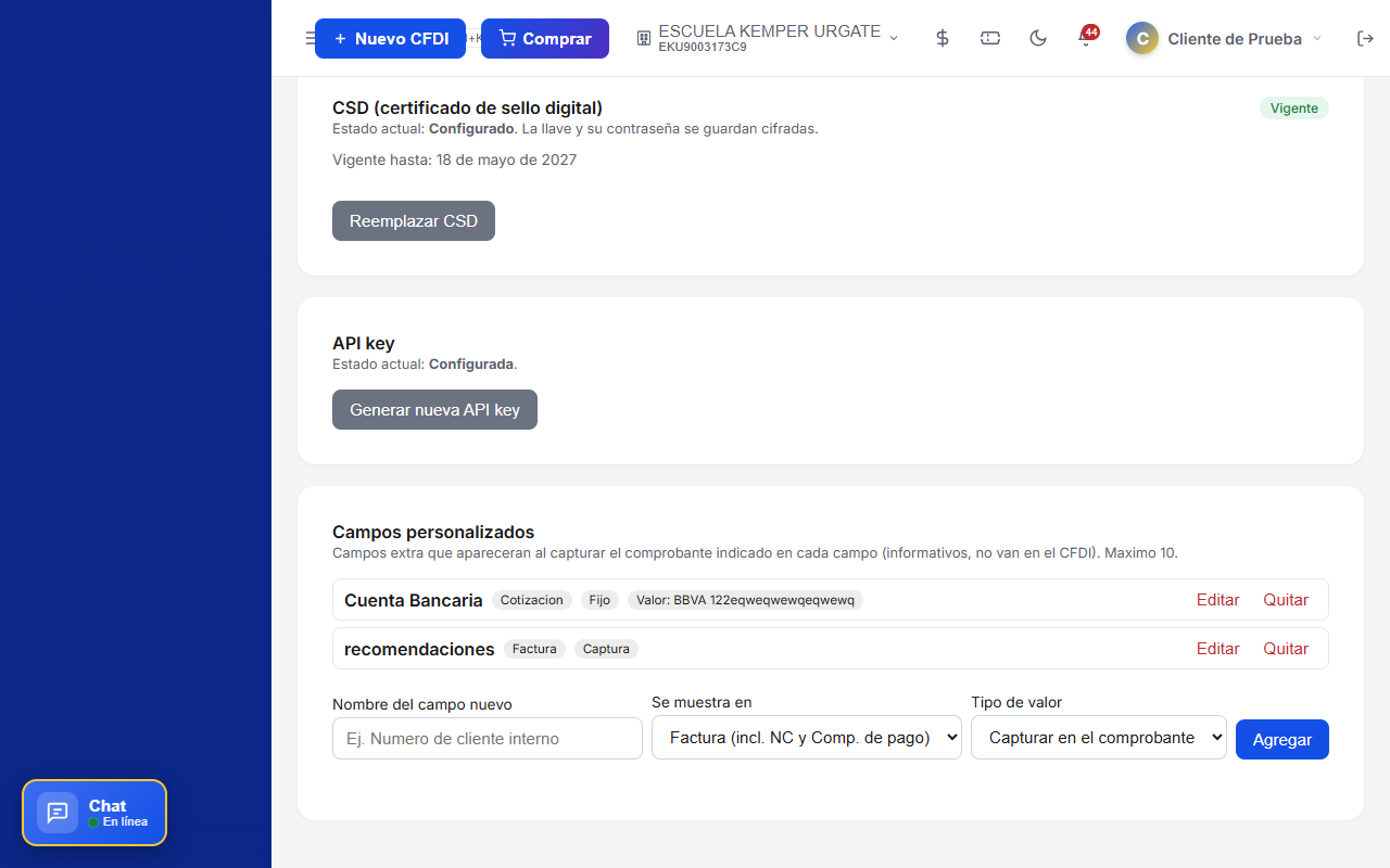 Certificado de Sello Digital, API key y campos personalizados en Mi Empresa de TimbraMX