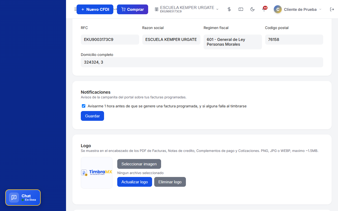 Datos fiscales, notificaciones y logo en Mi Empresa de TimbraMX