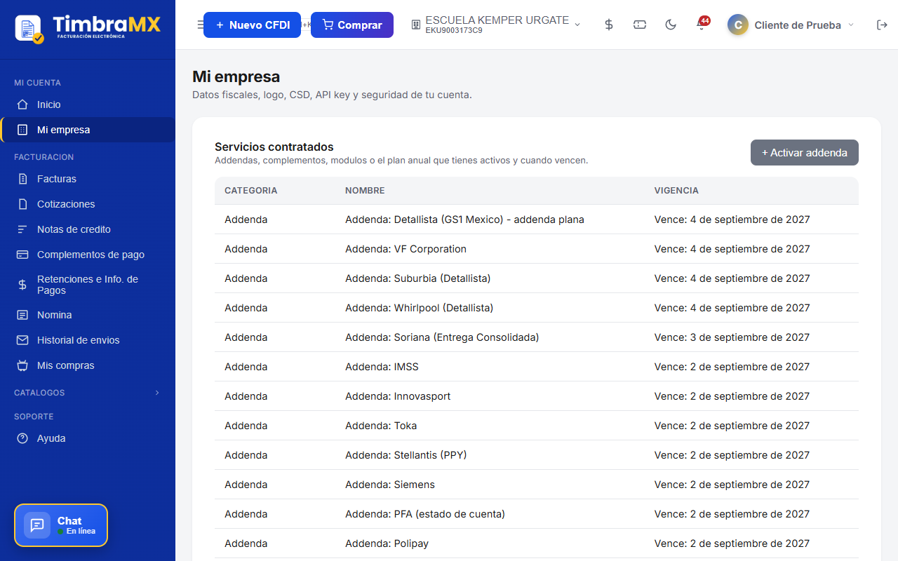 Servicios contratados (addendas y complementos) en Mi Empresa de TimbraMX
