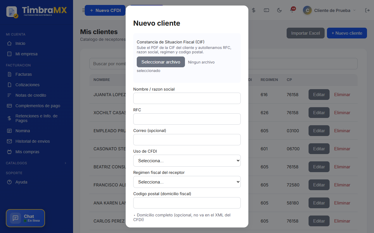 Formulario vacío para agregar un cliente de facturación electrónica en TimbraMX