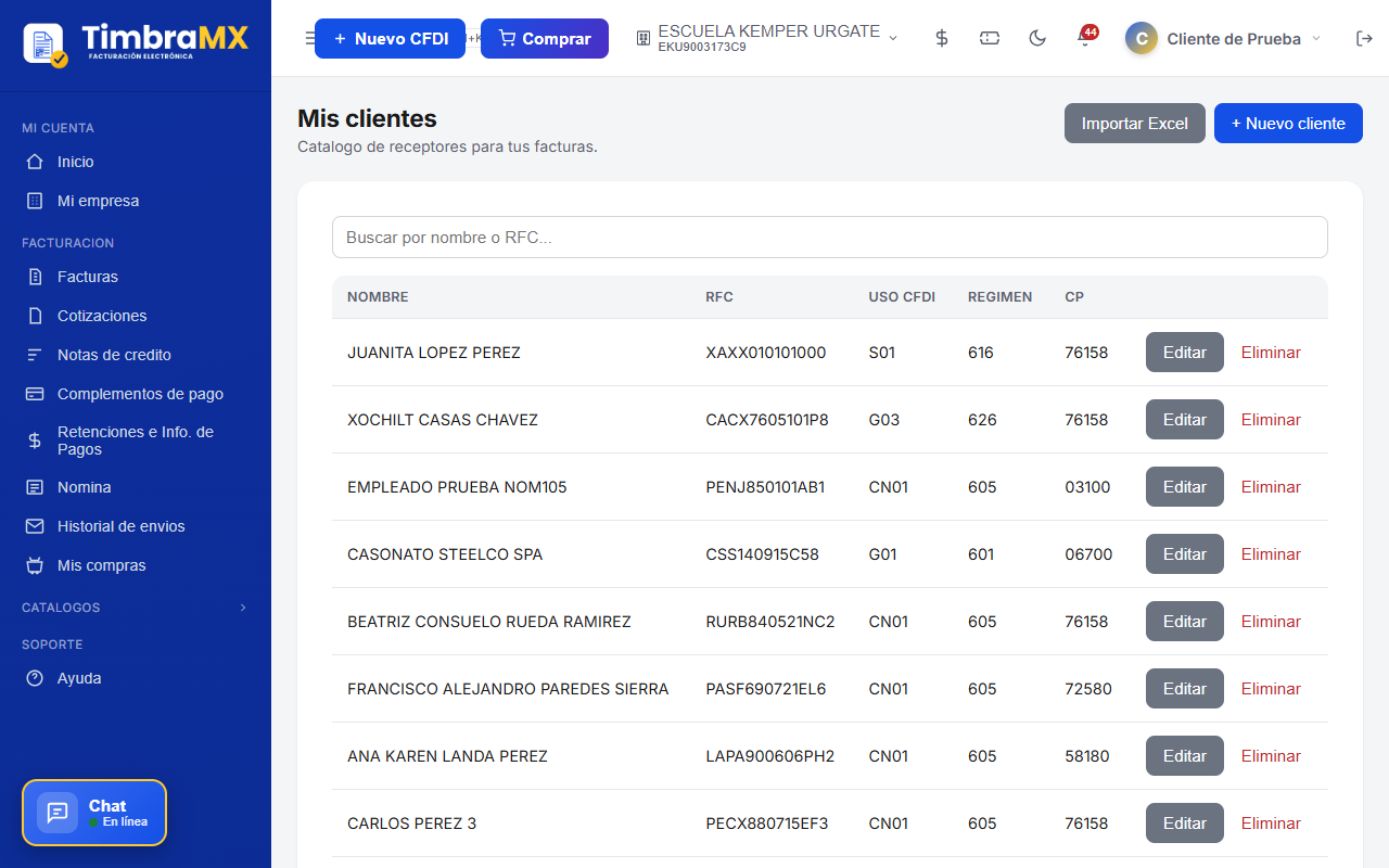 Listado de clientes para facturación electrónica en TimbraMX