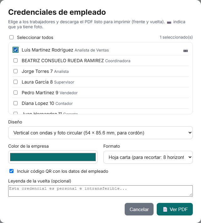 Diálogo de credenciales de empleado en TimbraMX con diseño, color, formato, QR y leyenda