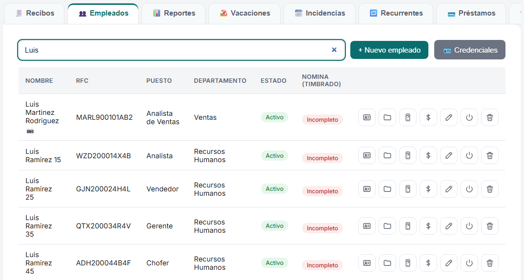Lista de empleados del módulo de Nómina de TimbraMX con iconos de acciones