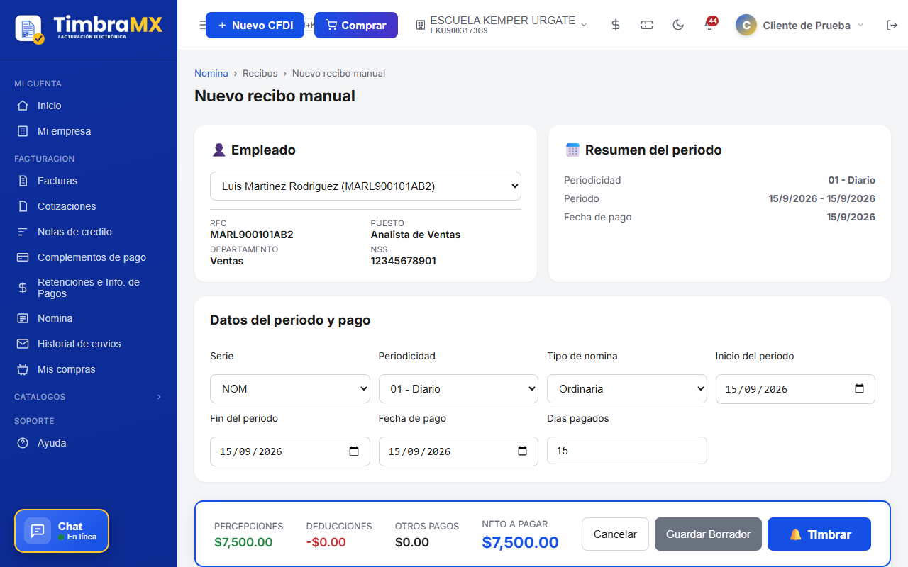 Formulario de recibo de nómina de facturación electrónica lleno con percepciones en TimbraMX