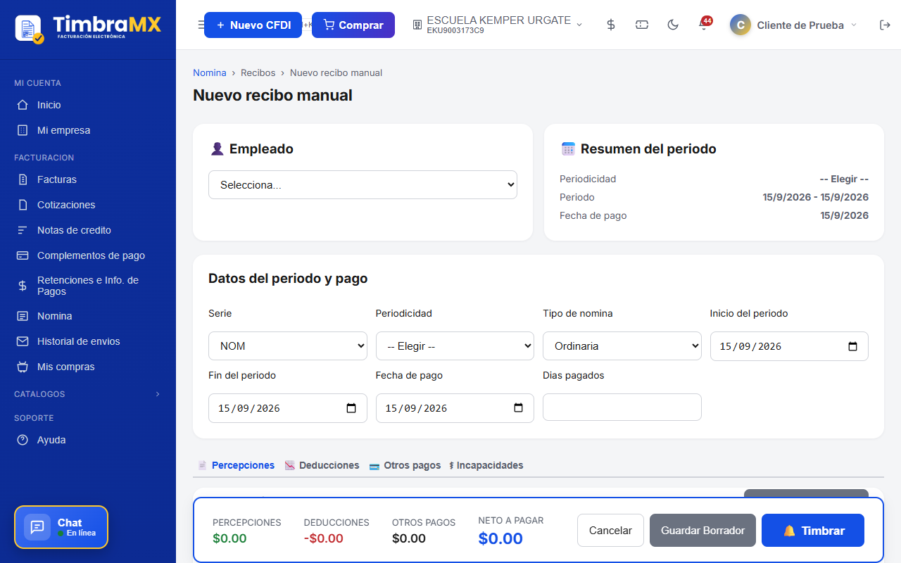 Formulario vacío para crear un recibo de nómina de facturación electrónica en TimbraMX
