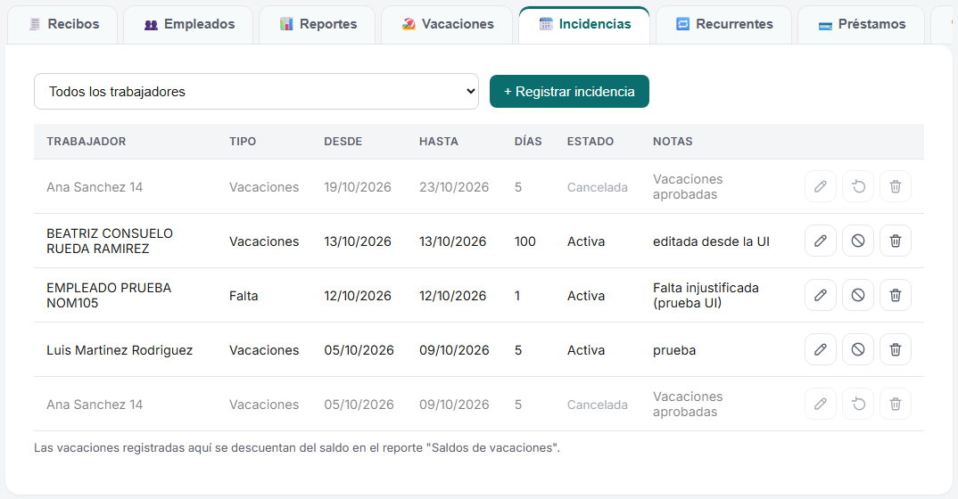 Pestaña Incidencias del módulo de Nómina de TimbraMX con la lista de incidencias registradas
