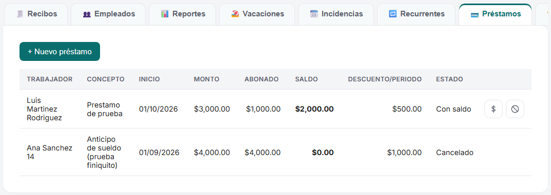 Pestaña Préstamos del módulo de Nómina de TimbraMX con monto, abonado, saldo y descuento por periodo
