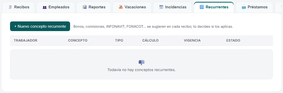 Pestaña Recurrentes del módulo de Nómina de TimbraMX con los conceptos configurados