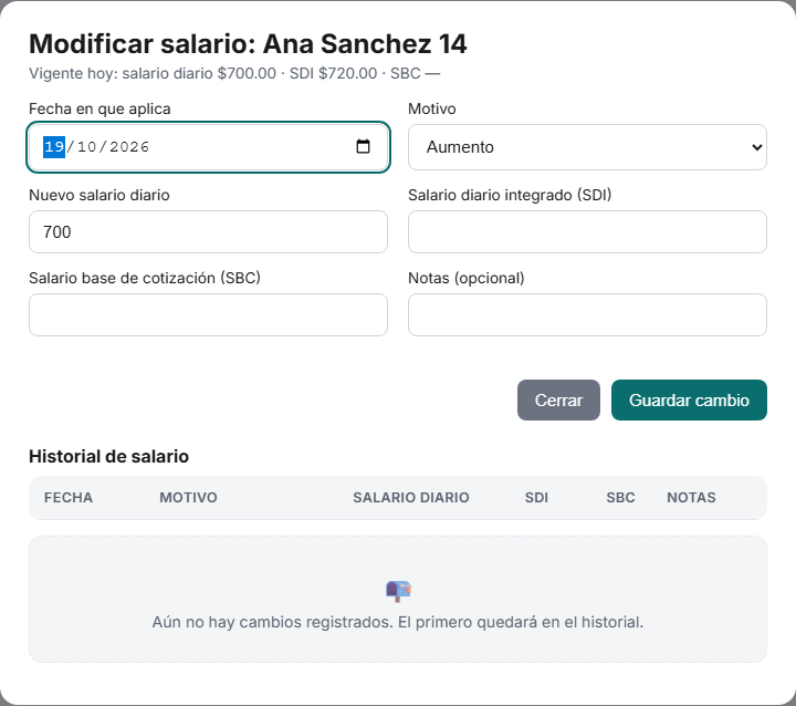 Diálogo para modificar el salario de un trabajador en TimbraMX con historial de salario