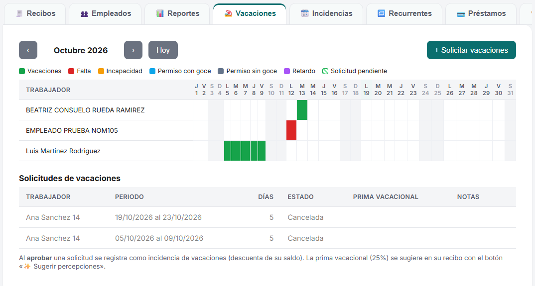 Calendario de vacaciones y solicitudes en el módulo de Nómina de TimbraMX