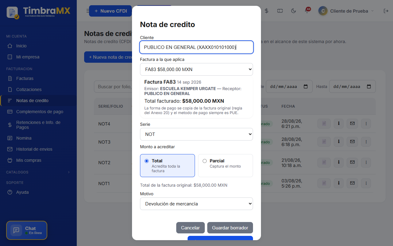 Formulario de nota de crédito de facturación electrónica lleno con factura original y monto en TimbraMX