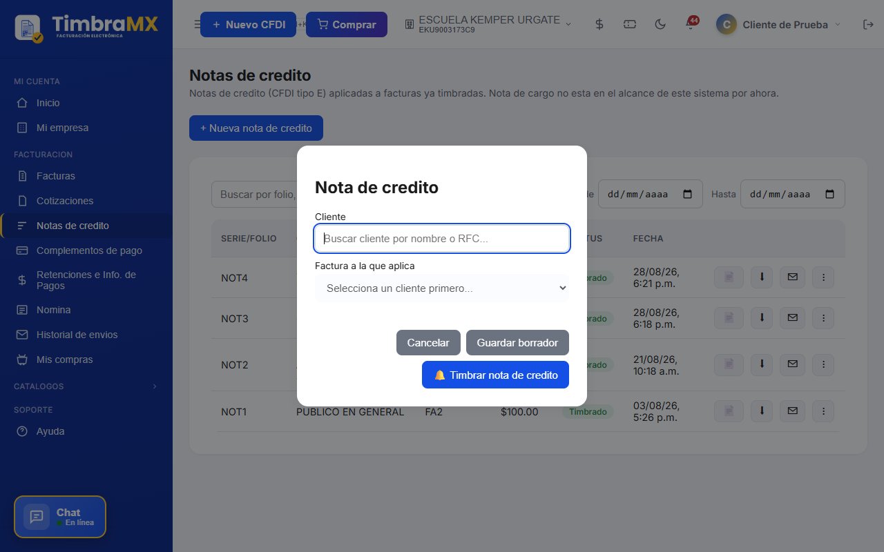 Formulario vacío para crear una nota de crédito de facturación electrónica en TimbraMX